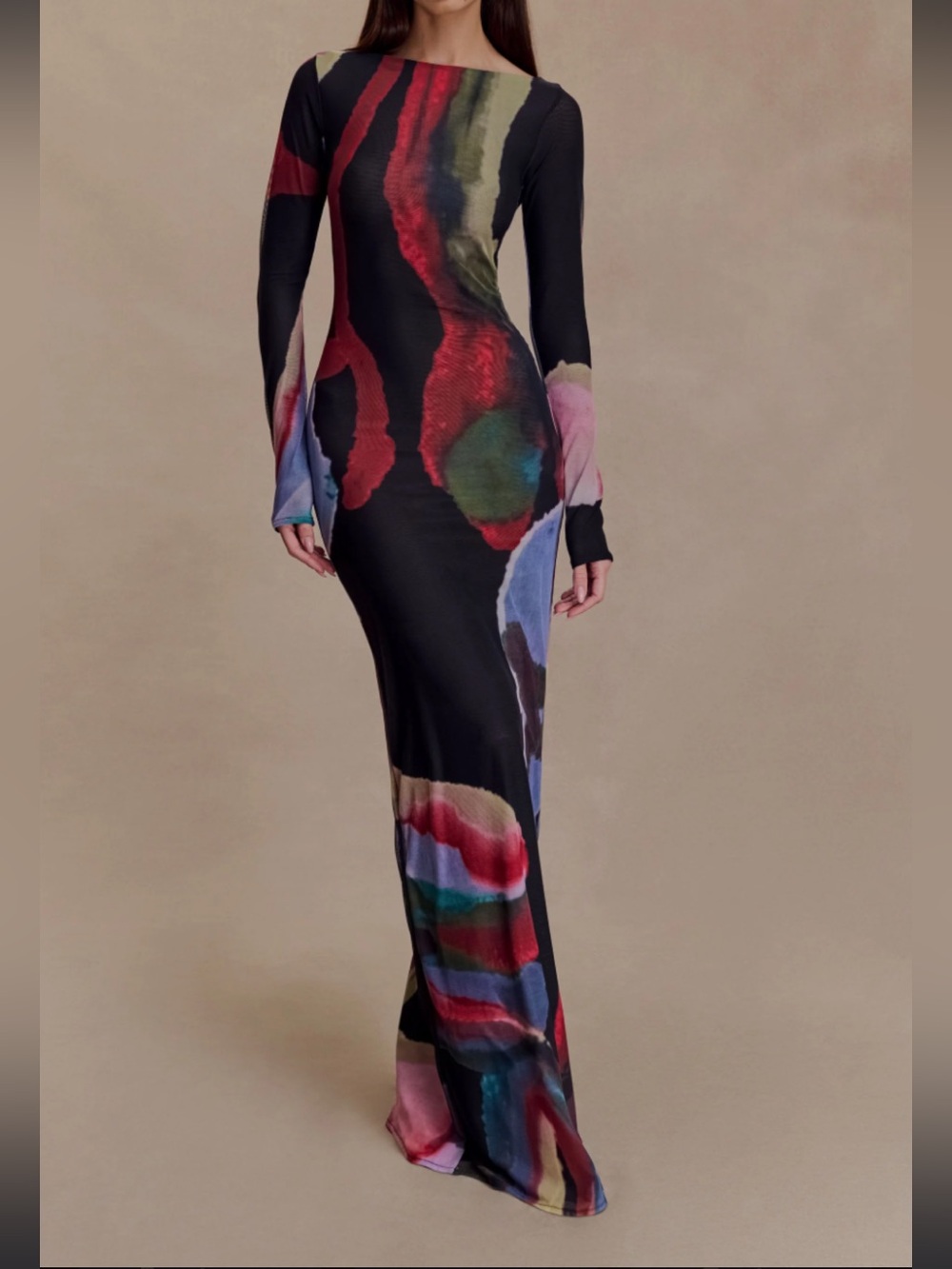 Long Sleeve Abstract Print Maxi Dress - Black Multi